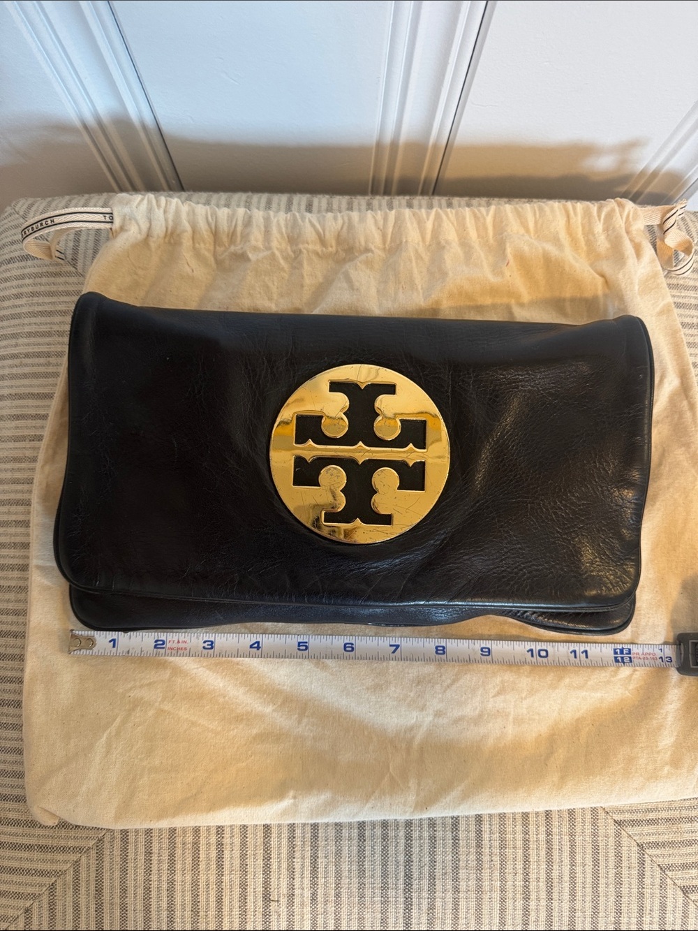Tory Burch Black Leather Fold-Over Clutch with Gold Logo Medallion